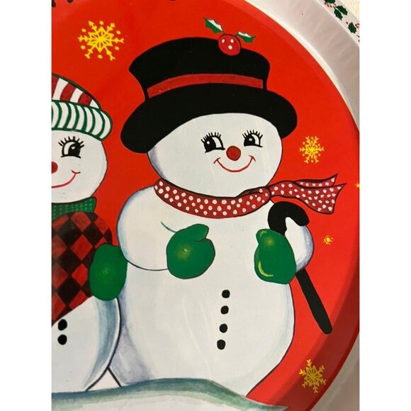 Vintage Snowman Couple Christmas Round Tin Tray, Retro Holiday Serving Dish, 12. - Picture 7 of 8